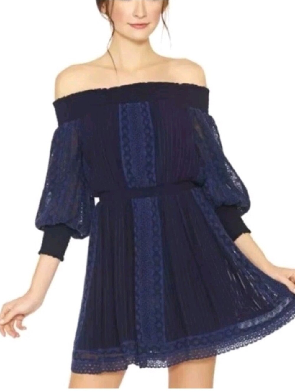 Alice + Olivia Pammy Indigo Eyelet Lace Off Shoulder Mini Dress Size 2